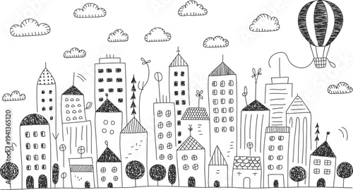 Whimsical cityscape with hot air balloon and fluffy clouds