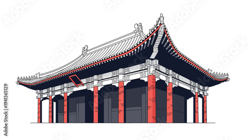 Traditional East Asian temple architecture with multi tiered roof and red pillars shown in a detailed graphic vector illustration style.