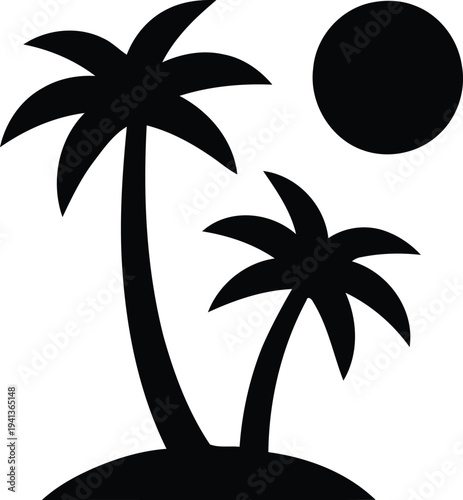 Illustration of black silhouette of two palm trees on a small island under the sun
