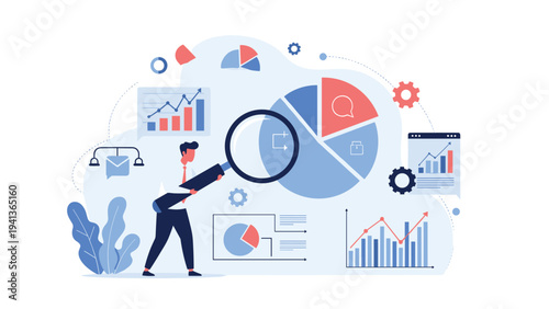 Business professional analyzing data with a large magnifying glass over various charts and financial graphs in a concept illustration style.