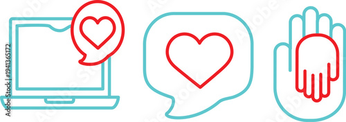 Heartfelt icons of love and peace, symbolizing hope and charity in a simple line art style with red and blue colors.