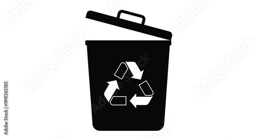 Black recycling bin with an open lid and recycling symbol design