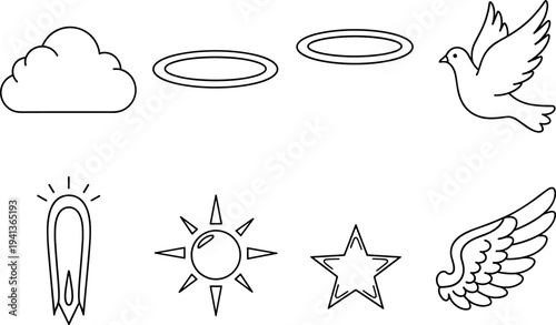 Collection of celestial and angelic symbols including a cloud, halos, dove, sun, star, and wing