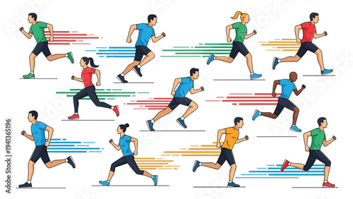 Group of diverse runners in colorful athletic gear shown with motion lines to represent speed and fitness in a flat vector illustration style.