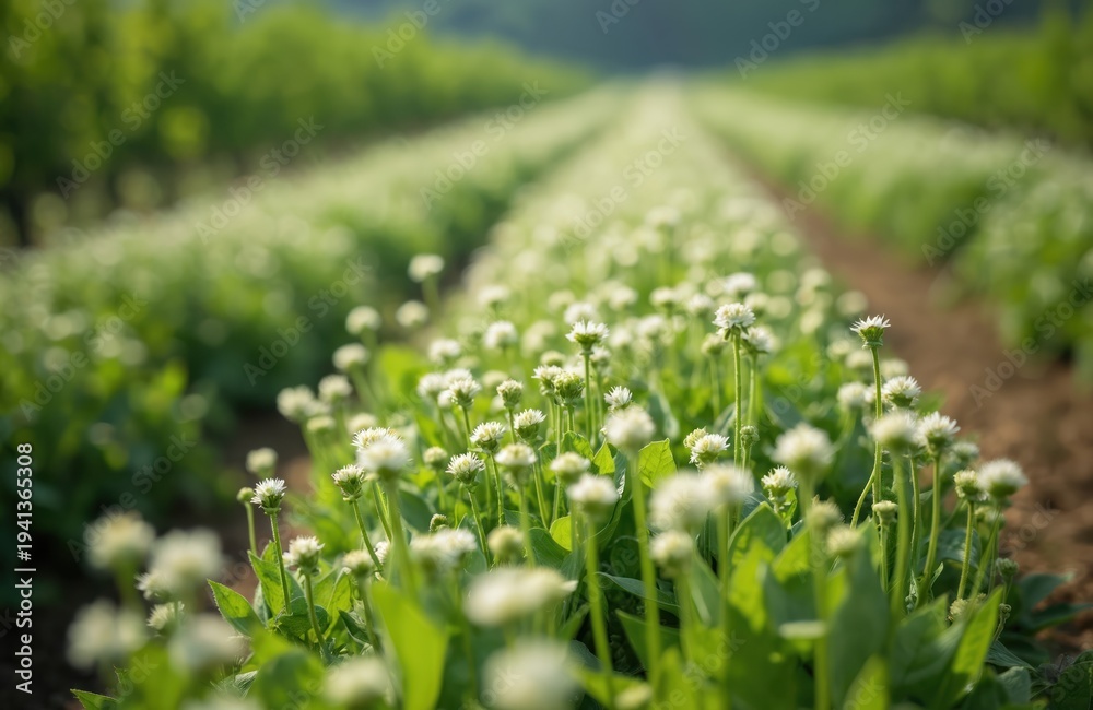Fototapeta premium Rows of blooming white clover flowers grow in a vineyard with green vines in background. Sunlight shines on a lush field with healthy plants. Nature and agriculture concept.