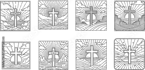 Christian cross with sunburst and landscape in line art style