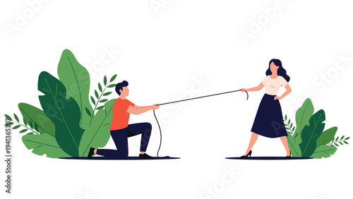 Man and woman engaged in a competitive tug of war with a rope against a backdrop of large green leaves symbolizing relationship conflict.