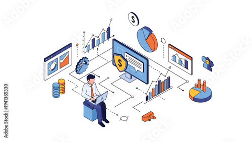 Isometric business concept with a professional working on a laptop surrounded by floating financial data screens and money icons on blue.