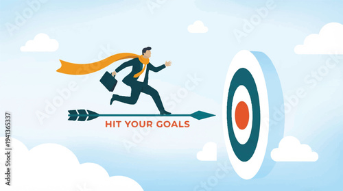 Business man running on an arrow towards a target, symbolizing reaching goals and career success in a graphic illustration