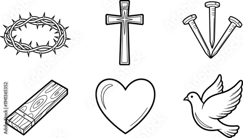 Christian symbols of faith: crown of thorns, cross, nails, wood, heart, and dove