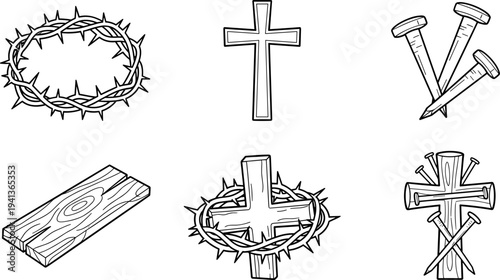 Collection of religious symbols including a crown of thorns, crosses, and nails