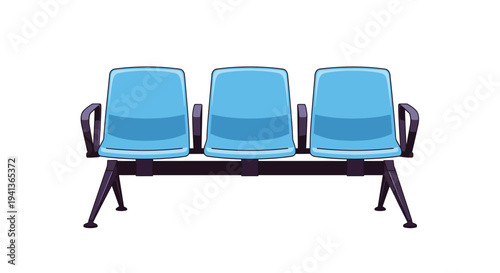 Three blue chairs arranged in a row on a dark bench