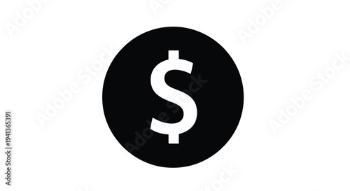 Minimalist icon of a white dollar sign centered on a black circle