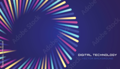 Digital technology background with colorful radiating light trails in a circular vortex