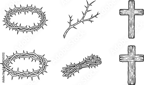 Religious symbols of the crucifixion: crown of thorns, cross, and branches