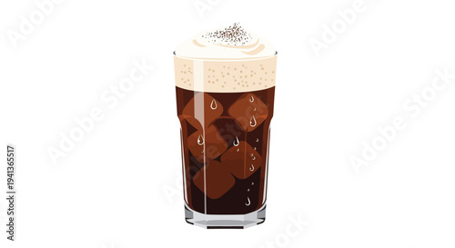 Iced coffee in a glass with ice cubes and creamy foam topping