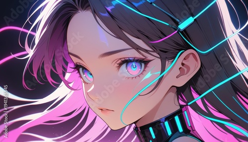 Anime style cyberpunk girl with neon pink hair and glowing blue interface