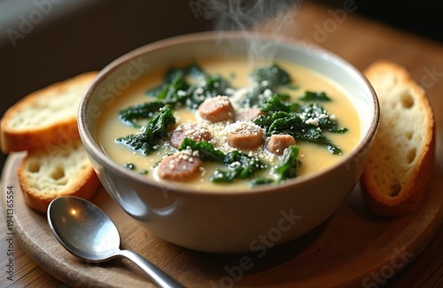 Creamy Italian sausage kale soup steams in bowl with crusty bread slices. Savory parmesan cheese sprinkled over hearty meat and greens. Delicious hot meal served for winter lunch.