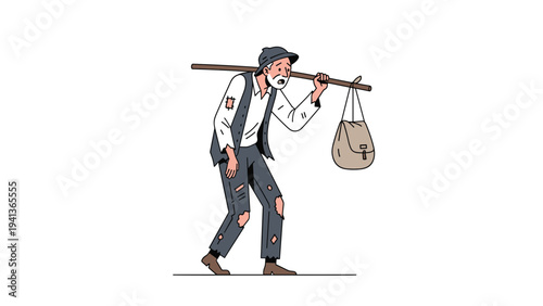 Tired old man wearing tattered clothes and carrying a bag on a stick over his shoulder while walking in a simple graphic vector style.