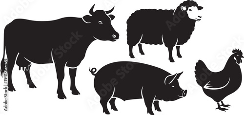 Farm animals silhouettes on white background illustration set