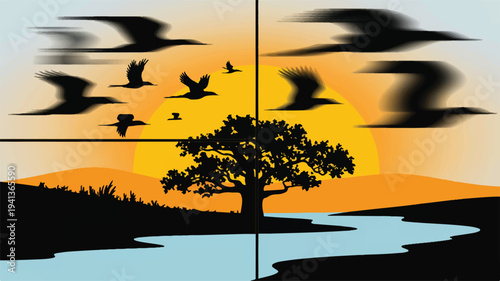 Flock of birds flying at sunset over a river and tree, digital illustration