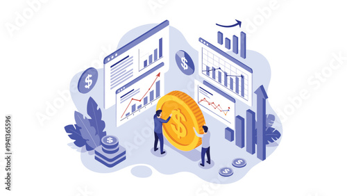 Two businessmen pushing a giant gold dollar coin in an isometric environment with financial charts and growth arrows on blue background.