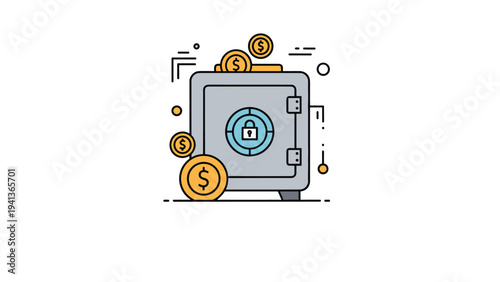 Safe deposit box icon surrounded by gold dollar coins representing financial security banking and protection of personal wealth on white.