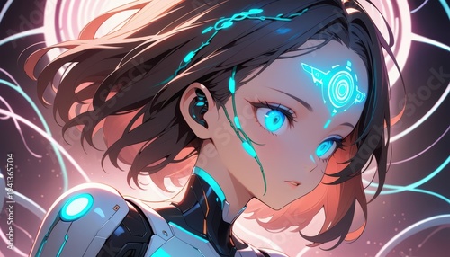 Profile of futuristic android girl with glowing blue circuit tattoos