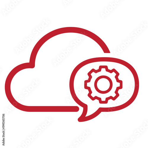 Red cloud and gear icon in speech bubble for technology and communication concept  cloud computing and settings or configuration