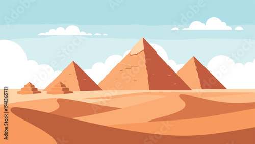 Iconic Egyptian pyramids standing in a vast desert landscape with sand dunes under a clear blue sky with white clouds in graphic style.