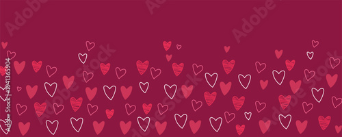 Seamless border of hand-drawn pink and white hearts on a dark magenta background