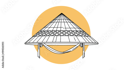 Traditional conical Asian straw hat known as a non la shown in detailed line art against a circular orange sun background on white.
