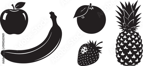 Black and white fruit icons on clean background