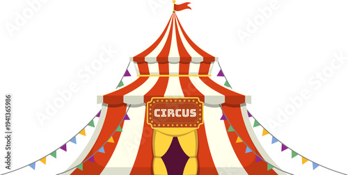 Traditional big top circus tent featuring striped fabric, colorful pennants, and retro signboard. Modern flat design perfect for posters, invitations, party decor, and amusement concepts.