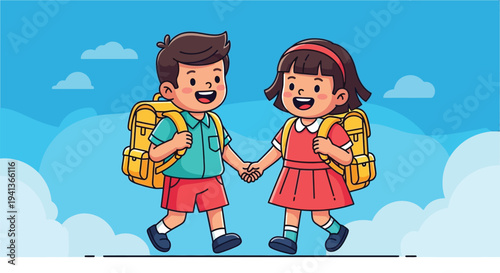 Two cheerful children walk hand in hand with backpacks ready for school