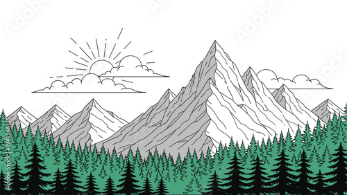 Majestic mountain range with sharp snow capped peaks and a dense evergreen forest in foreground shown in clean graphic line art style.