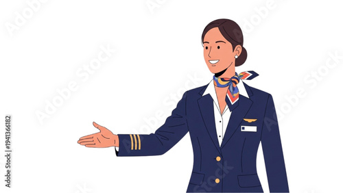 Friendly flight attendant in uniform making a welcoming gesture, showcasing professional airline service