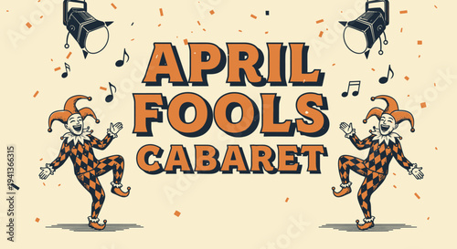 Vibrant april fools' day illustration of two jovial jesters dancing under spotlights with confetti and musical notes on beige background