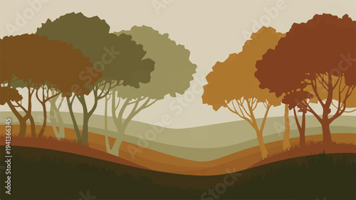 Abstract autumn landscape with rolling hills and trees in muted colors