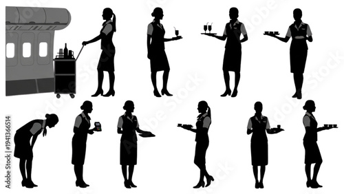 Dedicated cabin crew silhouettes showcasing various service positions and hospitality duties