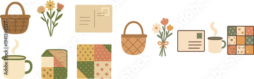 A woven basket holds fresh flowers while a steaming cup sits beside a colorful quilt showcasing various patterns, evoking a warm, homely feel perfect for fall.