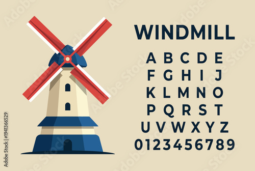 The windmill showcases a modern design alongside an alphabet and numeral layout, blending classic elements with contemporary graphic style for educational use.