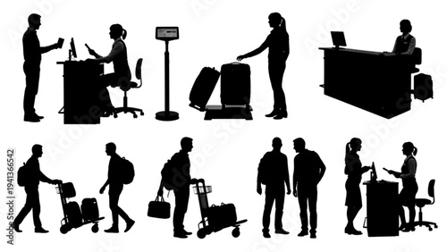 Vector Silhouettes Depicting Airport Travelers and Staff Managing Check-in, Luggage, and Customer Service Interactions