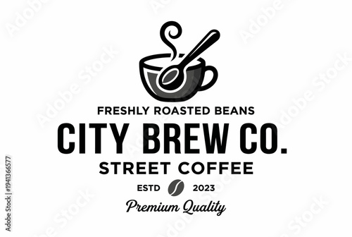 A stylish logo for City Brew Co., featuring a coffee cup with steam, ideal for promoting freshly roasted beans at a vibrant coffee shop environment since 2023.