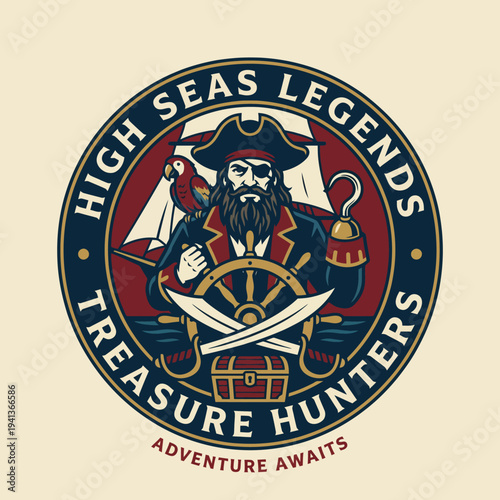 The logo highlights the adventurous spirit of treasure hunters with a pirate at the helm, a parrot, and treasure chest, invoking a sense of excitement and exploration.