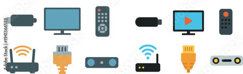 Various technology components displayed together, showcasing a streaming device, remote control, smart TV, router, ethernet cable, and speakers in a home setup.