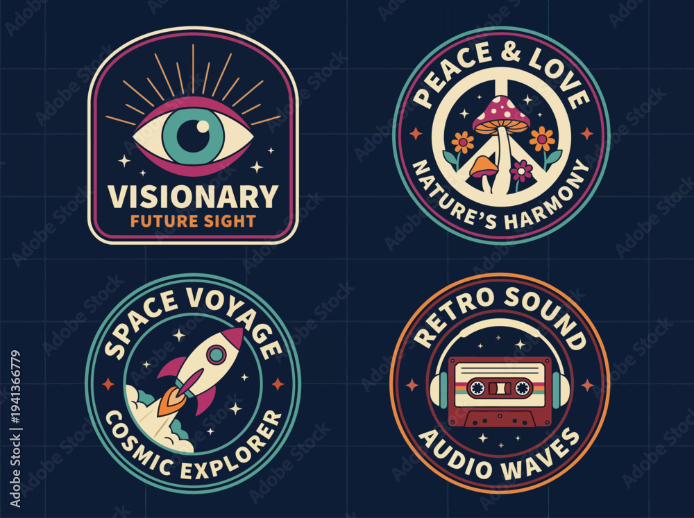 Obraz premium A vibrant collection of four circular designs featuring symbols of vision, harmony, space exploration, and retro sound, combining nature and artistic elements beautifully.