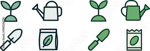 Various gardening tools are presented, including a watering can, a trowel, and seed packets, ideal for nurturing plants in a spring garden environment.