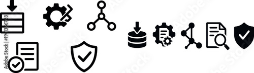 Different icons represent critical elements in data management, including downloading, editing, and securing information within a digital system workflow.