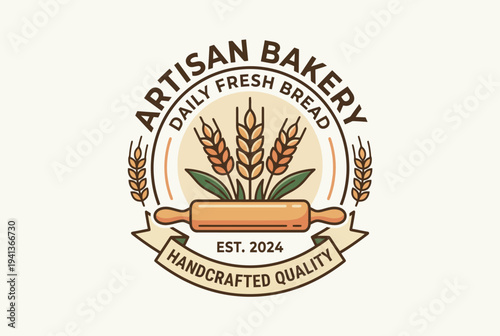 Illustration of an artisan bakery logo featuring wheat and a rolling pin, symbolizing handcrafted quality and dedication to fresh bread. Perfect for bakery branding.